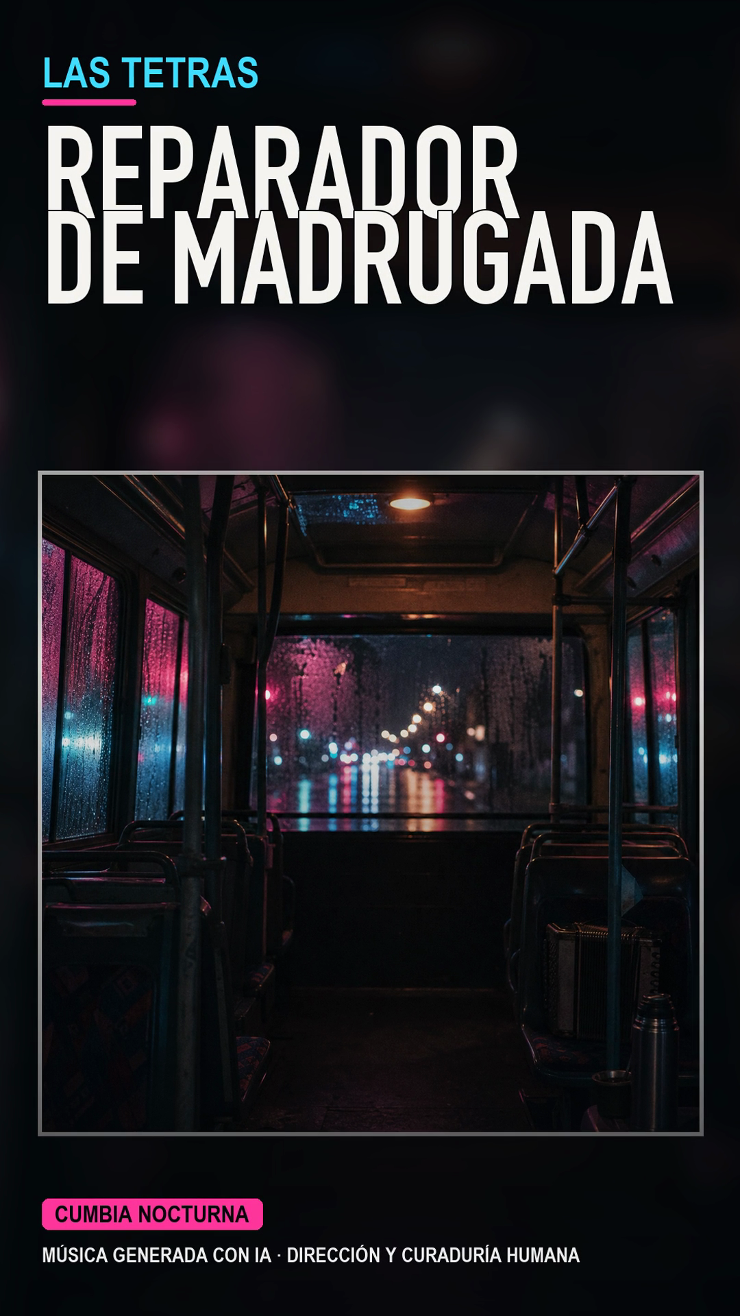 Interior de un colectivo nocturno bajo la lluvia, arte de Reparador de madrugada.